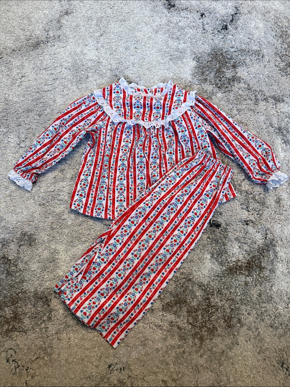 Girls Red & White Striped Floral Pajama Set with Lace Ruffle